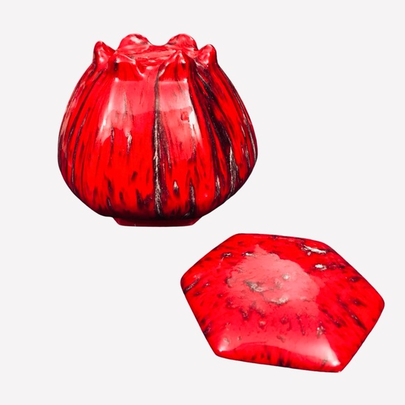 Vintage Red Pottery Hexagonal Ceramic Lidded Jar Urn 5.5" Drip Spot Glaze Signed - Picture 7 of 14